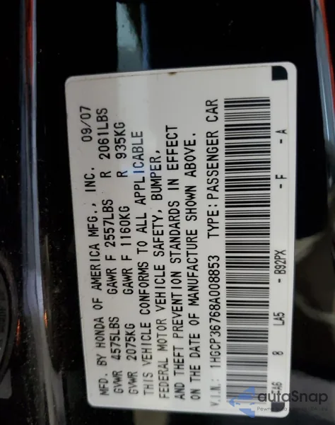 2008 Honda Accord Ex z USA, uszkodzony, nr VIN 1HGCP36768A008853